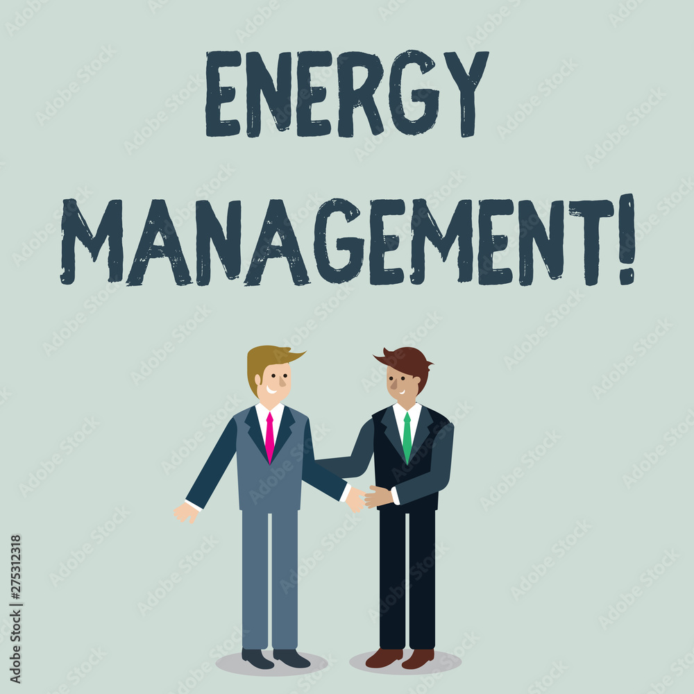 Writing note showing Energy Management. Business concept for way of tracking and monitoring energy to conserve usage Businessmen Smiling and Greeting each other by Handshaking Writing note showing Energy Management. Business concept for way of tracking and monitoring energy to conserve usage Businessmen Smiling and Greeting each other by Handshaking