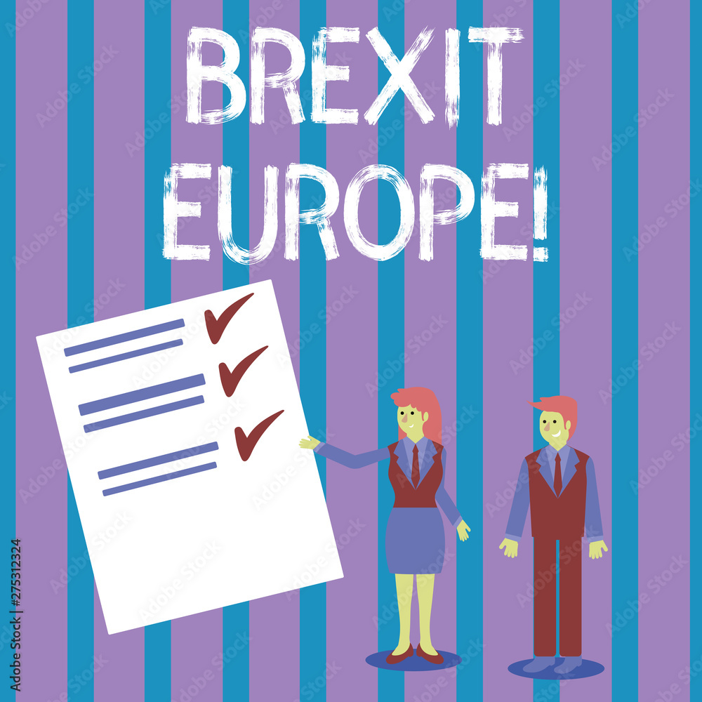 Conceptual hand writing showing Brexit Europe. Concept meaning possibility of Britain withdrawing from the European Union Man and Woman Presenting Report of Check and Lines on Paper Conceptual hand writing showing Brexit Europe. Concept meaning possibility of Britain withdrawing from the European Union Man and Woman Presenting Report of Check and Lines on Paper