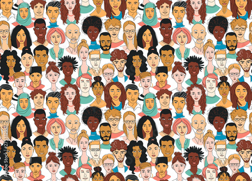 Decorative diverse women's men's head seamless pattern background. Multiethnic gruop