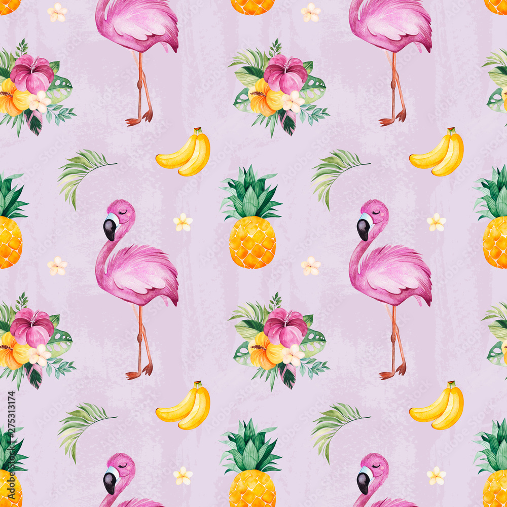 Watercolor Tropical seamless  background with green leaves,cute  flamingo,pineapple,flowers,palm  for wedding,wallpaper,print,packaging  and cover design and your unique creation Stock Illustration | Adobe Stock