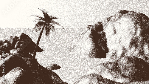 Beach or tropical coast landscape with palm tree and mountains over sea in retro dotwork style