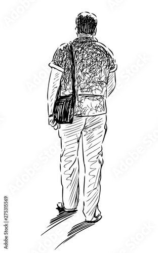 Sketch of a casual city pedestrian goes down the street