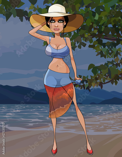 cartoon beautiful woman in a hat posing on the beach