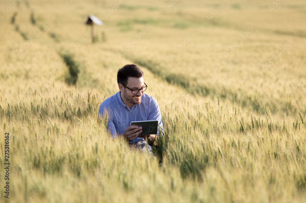 Farmer with tablet in barley field Farmer with tablet in barley field