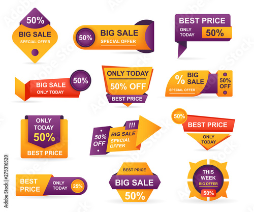 Set of retail sale tags. Stickers best offer price and big sale pricing tag badge design. Limited sales offer label or store discount banner card isolated. Shopping coupon. Vector illustration.