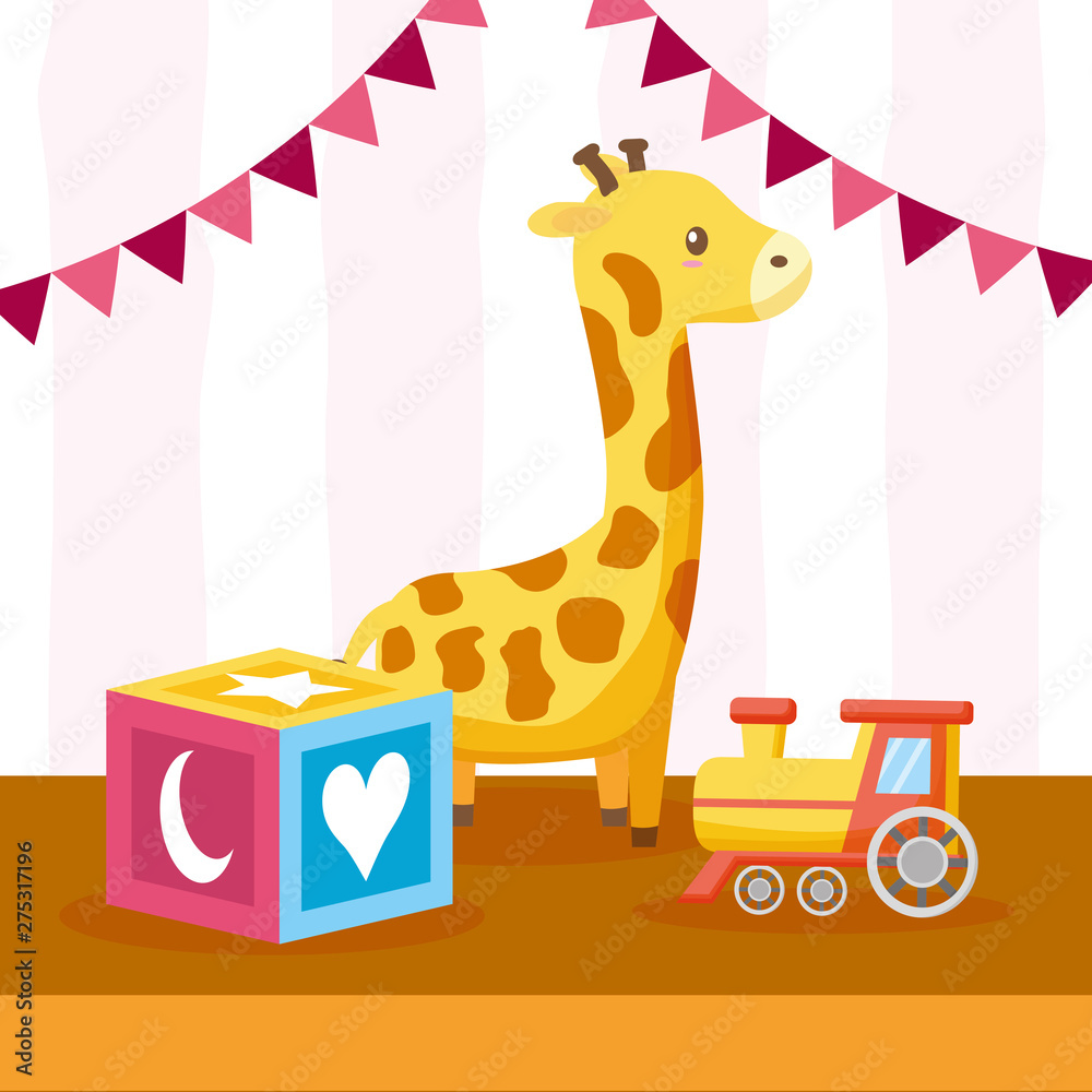 Fototapeta premium toys giraffe train cube baby shower card