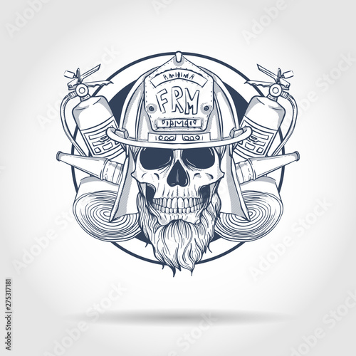 Hand drawn sketch, fireman skull with helmet, beard, fire extinguisher and firehose. Poster, flyer design