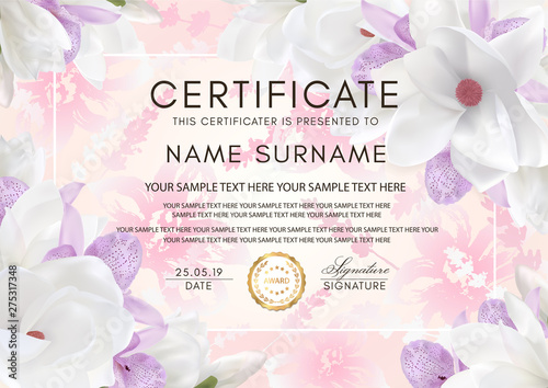 Certificate vector template with flowers. Floral background with magnolia and orchid flowers for diploma, wedding invitation, romantic summer design