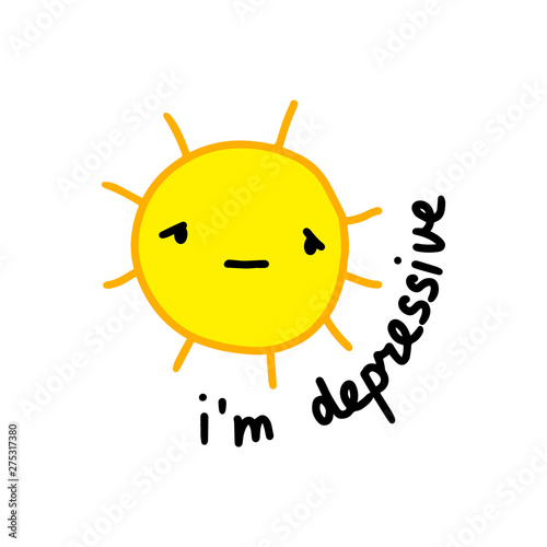 I am depressive hand drawn vector illustration in cartoon style. Yellow kawaii face summer hot