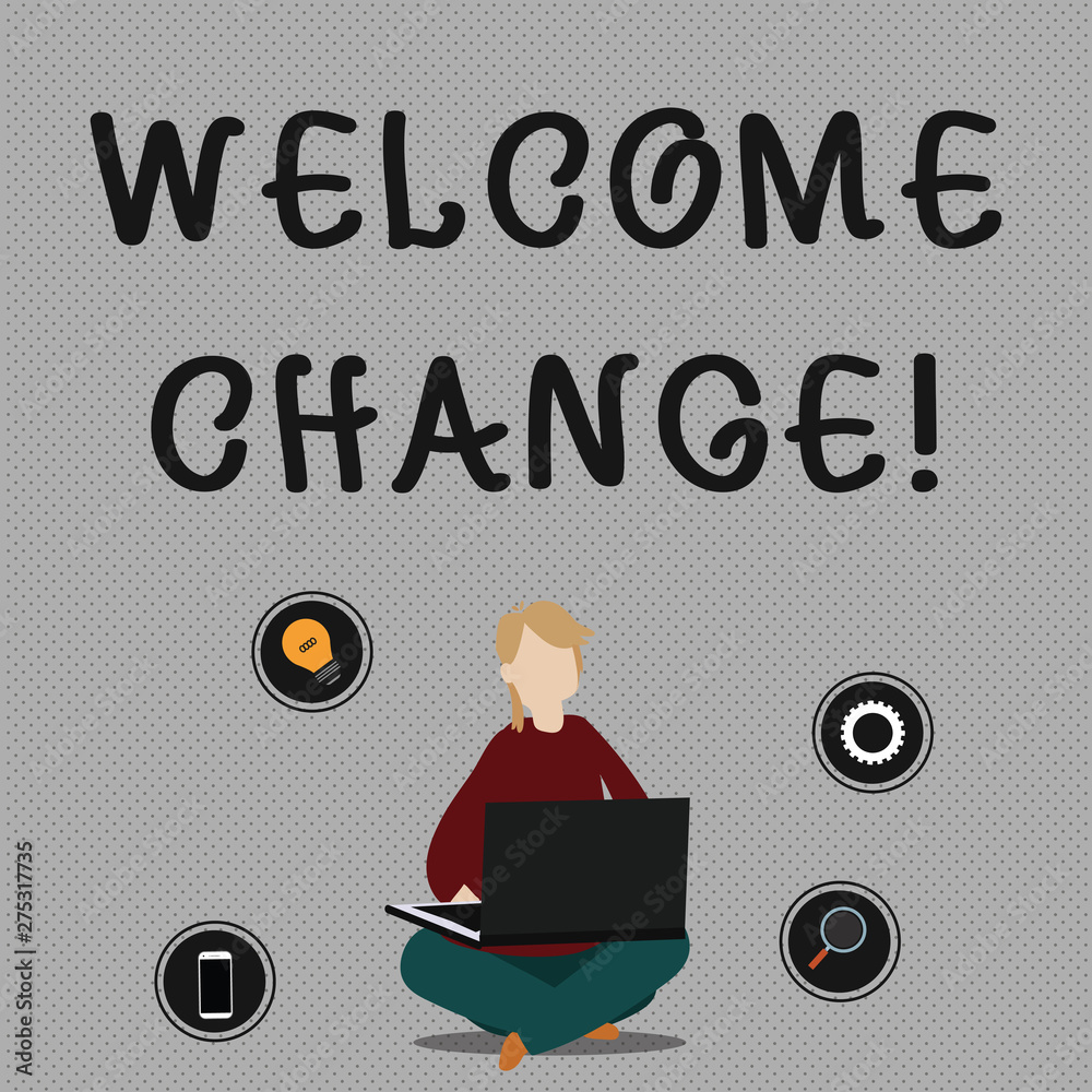 Conceptual hand writing showing Welcome Change. Concept meaning to accept with pleasure the occurrence Longawaited change Woman Sitting with Crossed Legs on Floor Browsing the Laptop Conceptual hand writing showing Welcome Change. Concept meaning to accept with pleasure the occurrence Longawaited change Woman Sitting with Crossed Legs on Floor Browsing the Laptop