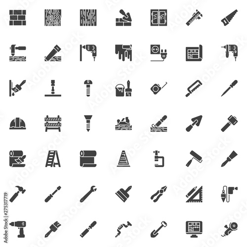 Construction and home repair tool vector icons set, modern solid symbol collection, filled style pictogram pack. Signs, logo illustration. Set includes icons as Electric drill, Safety Helmet, Screw