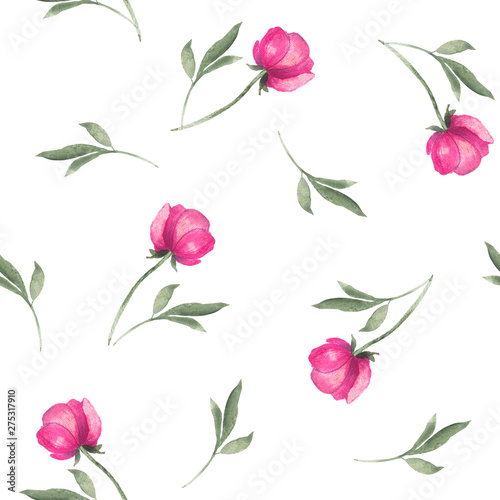 Watercolor pattern design with peonies and leaves. Hand painted floral background with floral elements, peony and flowers. Garden style card