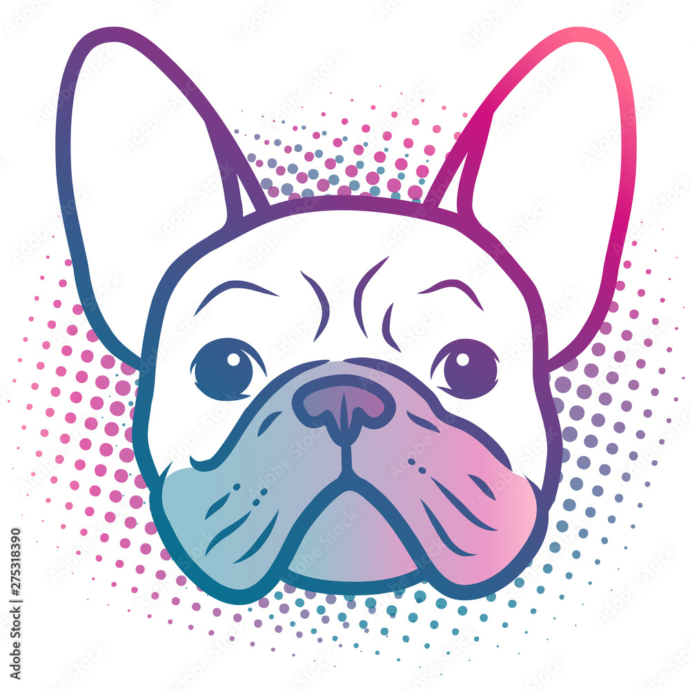 French bulldog puppy face pop art style portrait illustration in bright neon rainbow colors, with halftone dot background, isolated on white. Dogs, pets, animal lovers theme design element.