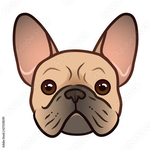 French bulldog face vector cartoon illustration. Cute friendly fat chubby fawn bulldog puppy face. Pets, dog lovers, animal themed design element isolated on white.