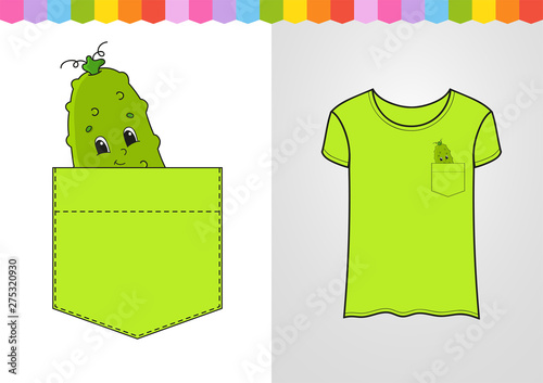 Cucumber in shirt pocket. Cute character. Colorful vector illustration. Cartoon style. Isolated on white background. Design element. Template for your shirts, books, stickers, cards, posters.