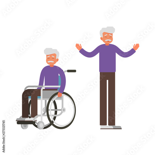  Set of Sad old man sits in wheelchair and happy man stands with raised arms. Elderly male person got up from a wheelchair as a result of rehabilitation. Vector Medical concept