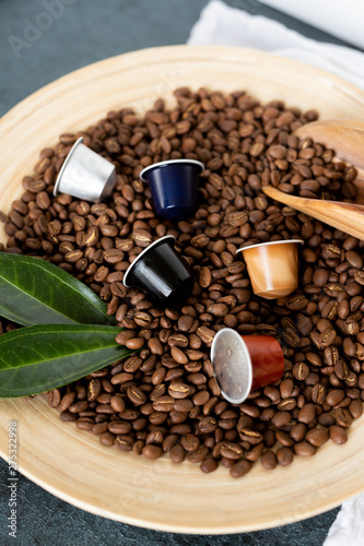 Loose Coffee Beans with Pods in Wooden Bowl