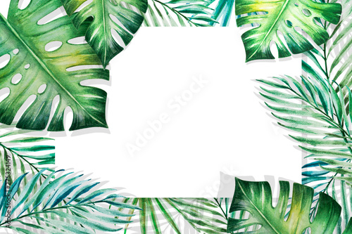 Beautiful frame of tropical leaves. Monstera  palm. Watercolor painting. Exotic plant drawing. Copy and text space. Botanical composition. Greeting card. Painted background. Hand drawn illustration.