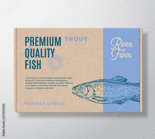 Premium Quality Fish Realistic Cardboard Box. Abstract Vector Packaging Design or Label. Modern Typography, Hand Drawn Trout Silhouette. Craft Paper Background Layout.