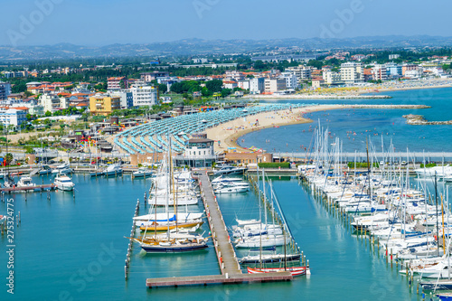 Aerial view of Rimini beach and docks in Italy
