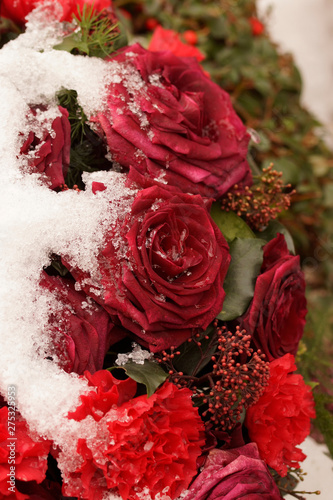 Macro on frozen red roses. Funeral arrangement covered in snow.