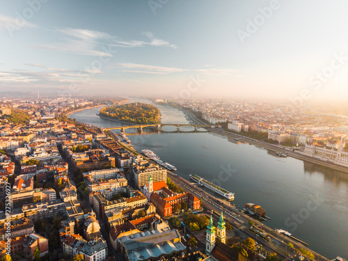 Aerial view of Budapest from above with Dunabe river and Margaret Island during mystical sunrise in autumn on a calm morning  Budapest  Hungary  Europe 