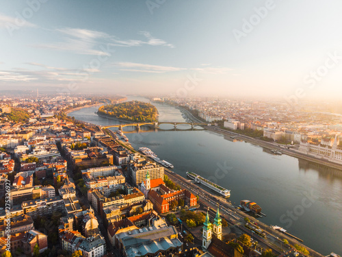 Aerial view of Budapest from above with Dunabe river and Margaret Island during mystical sunrise in autumn on a calm morning (Budapest, Hungary, Europe)