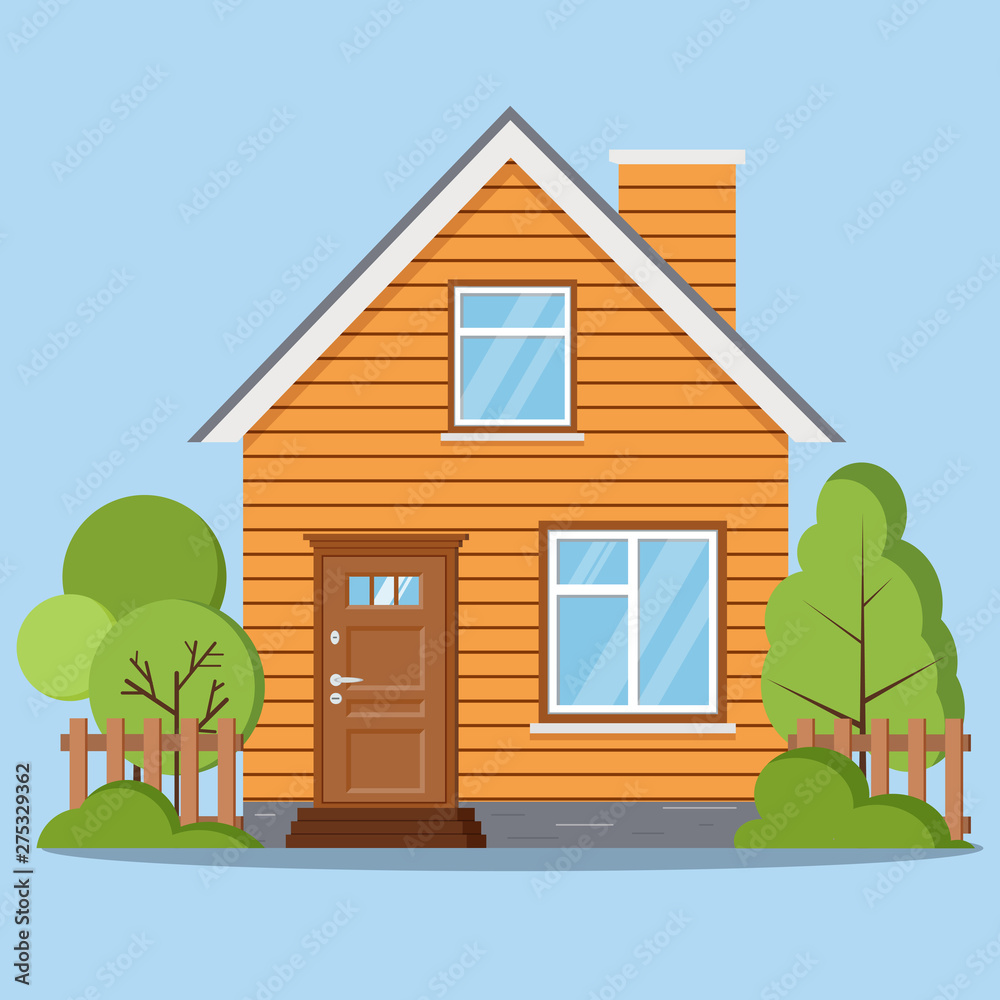 Isolated rural farm woofen house with fence, chimney, attic, windows, door,  green trees in cartoon flat style. Vector illustration of detailed house  icon isolated on blue background. Stock Vector | Adobe Stock