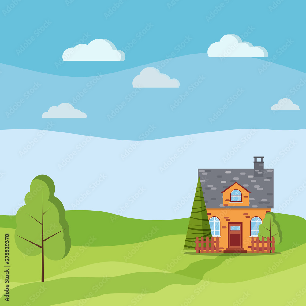 Spring or summer landscape with cartoon brick village farm house with attic, chimney, fences, green trees, spruce, fields, clouds in flat cartoon style. Summer scene vector background illustration.