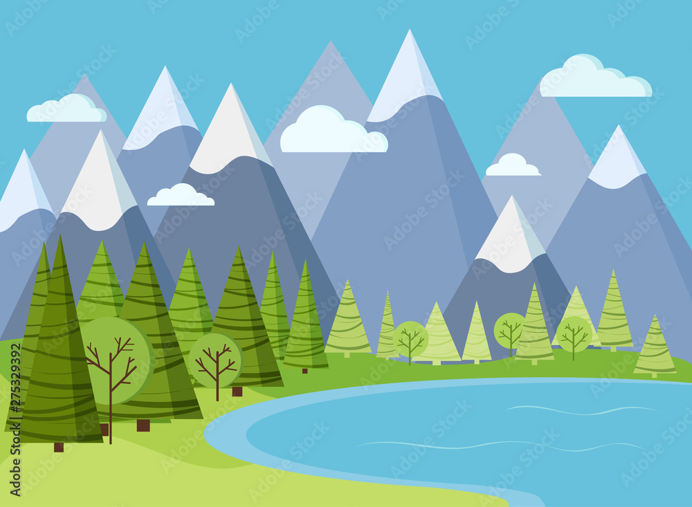Spring or summer mountain landscape scene with lake water, green trees, spruces, clouds, grass, sky in cartoon flat style. Summer vector nature background illustration.
