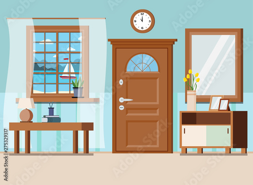Cozy home entrance hall interior background with furniture: coffee table, wall clock, plant, lamp, window with seascape view, mirror, chest of drawers, door. Flat style vector cartoon illustration.