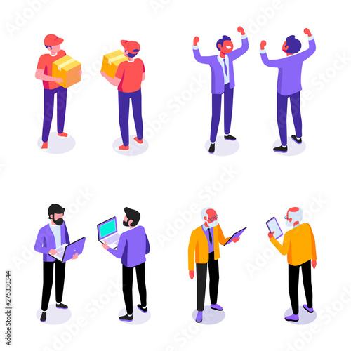 Different isometric men  - front and back view. Businessman, courier, old professor, programmer or manager. Vector flat illustration isolated on white background.