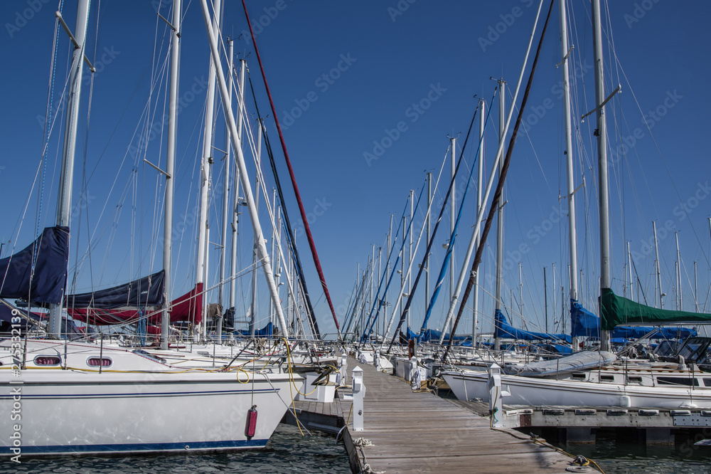 Fototapeta premium Sailboat Dock: Rows of sailing sloops face one another across a wooden pier on Lake Superior in northern Wisconsin.