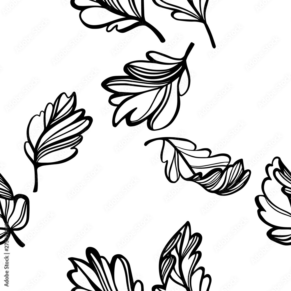 Botanical seamless pattern. Black outline leaves of a tree isolated on white. Sketch style plane drawing, vector floral background.