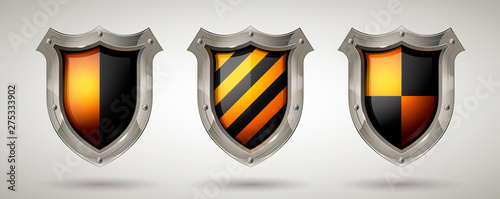 Metal security shield with black and yellow stripe. Realistic style. Isolated background. Network, cyber security or information protection concept for poster, web design, banner, icon, logo or badge
