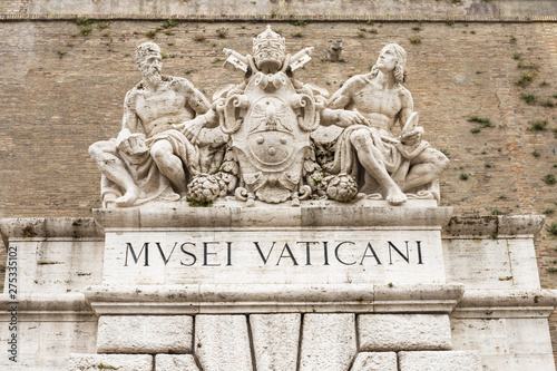Sculptures above an entrance to the Vatican Museums in Rome, Italy.