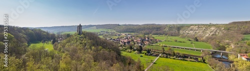 Saale valley panoramic view with castle Saaleck in Germany