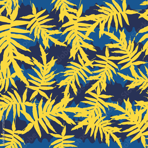 Colorful trendy seamless pattern with blue stripes, tropical leaves.