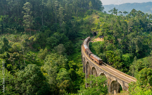 train on the famous Nine Arch bridge in Ella Sri Lanka