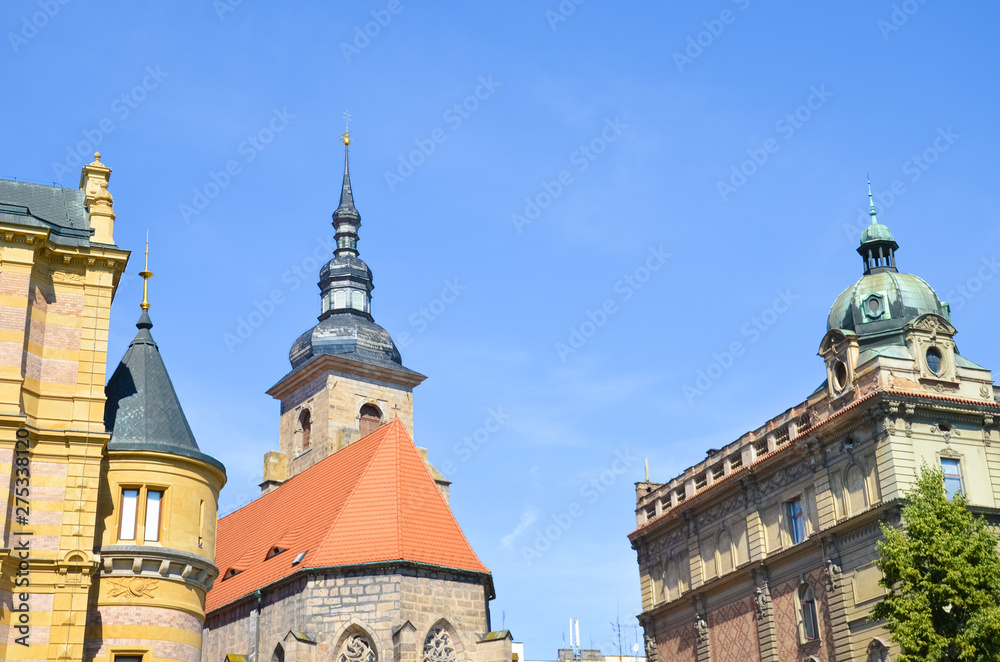 Historical Franciscan Monastery located near the Main Square in Plzen, Czech Republic. The Franciscan church and monastery are among the city oldest buildings. Pilsen, Western Bohemia, Czechia