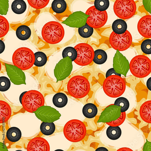 Seamless pattern with texture of neapolitan pizza with tomatoes, olives, mozzarella and basil . Pizza menu. For packaging, advertisements, menu. Vector illustration. Realistic.
