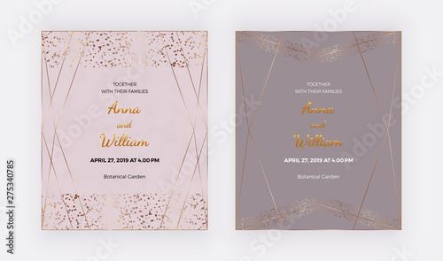 Gold geometric polygonal lines, confetti on the pink, beige marble background. Trendy templates for banner, flyer, poster, save the date, greeting