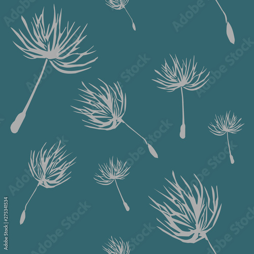 Vector seamless pattern of flying dandelion fluff on blue background