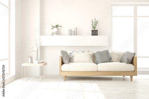 Stylish room in white color with sofa. Scandinavian interior design. 3D illustration © AntonSh