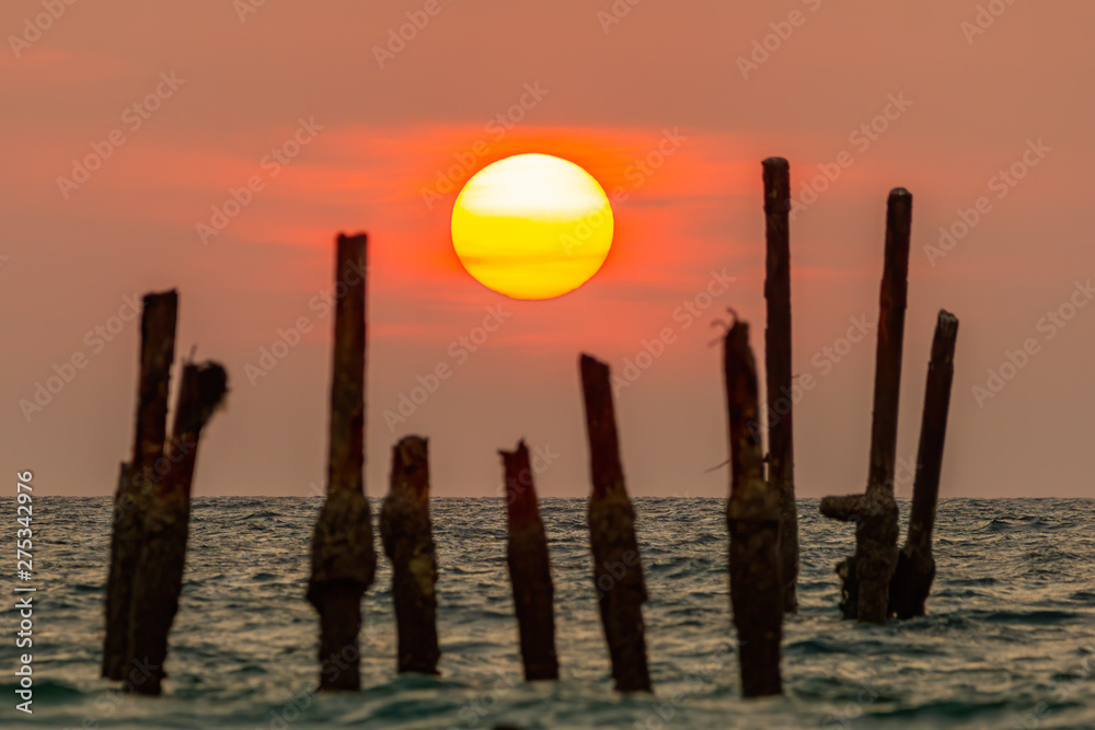 The sun is falling into the sea. The light reflected from the sea and the orange sky. Broken tree stumps is out of focus. Khao Phai Lai Beach Phang Nga Thailand