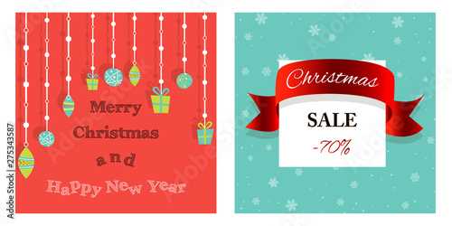 The Christmas sale. Advertising poster for the store. Discounts up to 50 percent. Red banner for website or flyer. Realistic vector. Proportional to A3. Festive new year design template. EPS10.