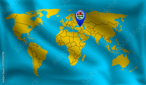 Location mark of Abkhazia on the world map, flag of Abkhazia, vector illustration