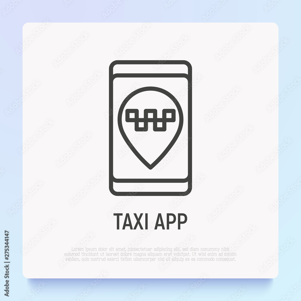 Taxi app thin line icon: yellow pointer on smartphone screen. Modern vector illustration.