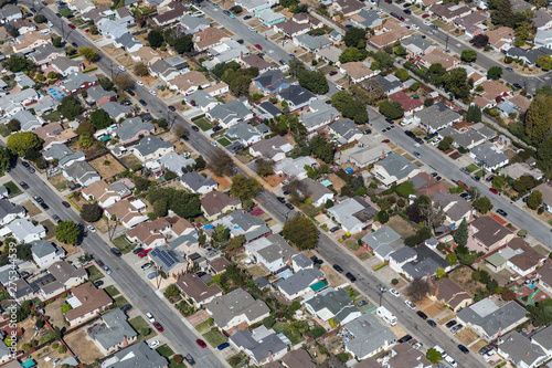 Aerial of residental streets and houses near San Leandro and Oakland, California.