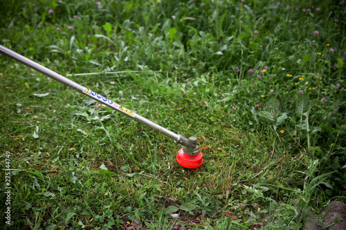 The gardener slams grass in the garden with a Brushcutter